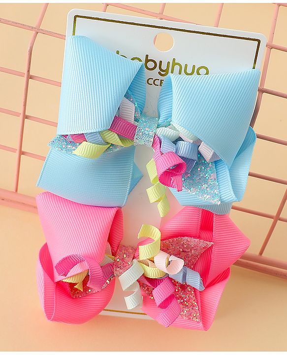 Babyhug Bow & Butterfly Clips with Sequin Detailing Pack of 2 - Light Blue & Pink