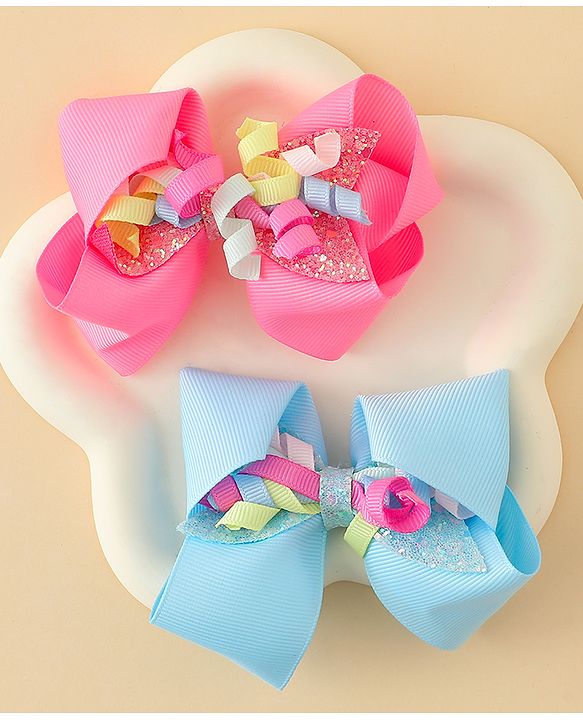 Babyhug Bow & Butterfly Clips with Sequin Detailing Pack of 2 - Light Blue & Pink
