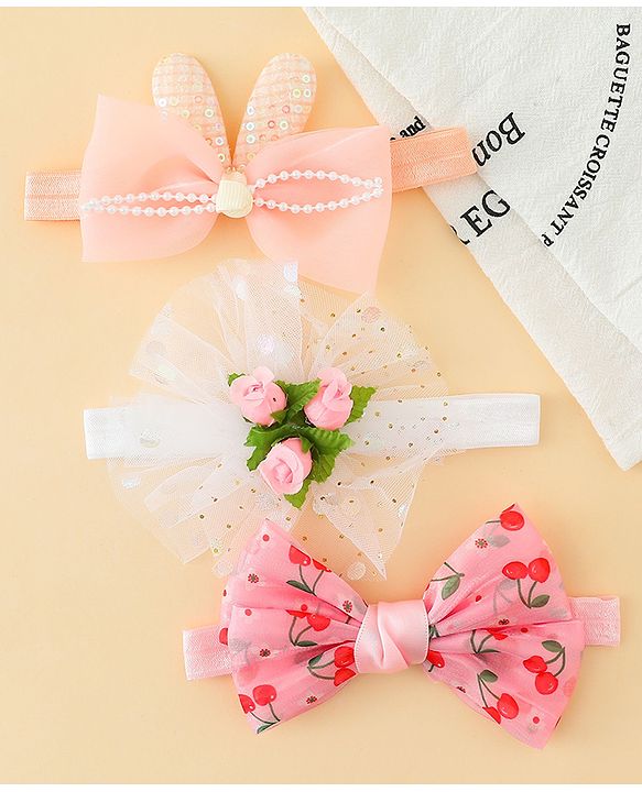 Babyhug Headbands with Bow & Floral Applique Pack of 3 - Pink White & Orange