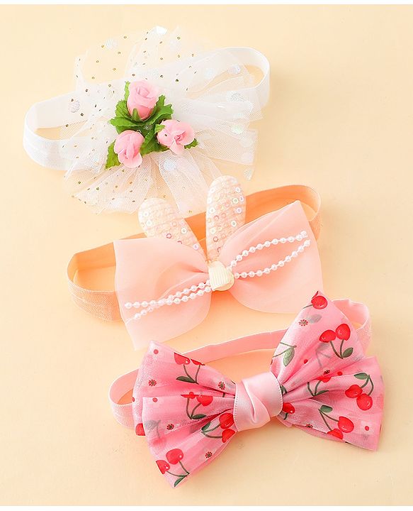 Babyhug Headbands with Bow & Floral Applique Pack of 3 - Pink White & Orange