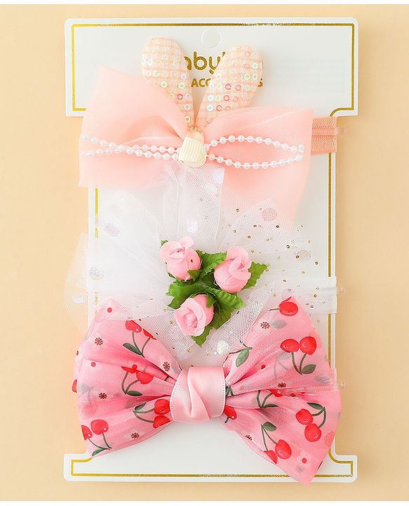 Babyhug Headbands with Bow & Floral Applique Pack of 3 - Pink White & Orange