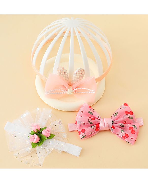 Babyhug Headbands with Bow & Floral Applique Pack of 3 - Pink White & Orange