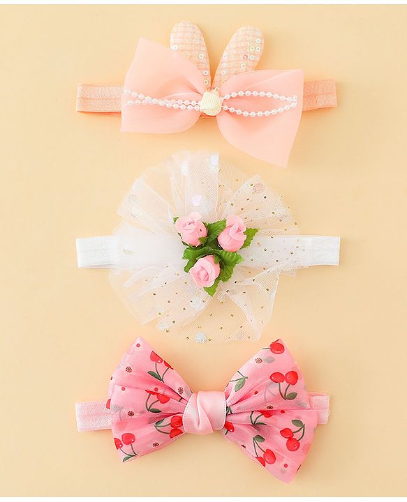 Babyhug Headbands with Bow & Floral Applique Pack of 3 - Pink White & Orange