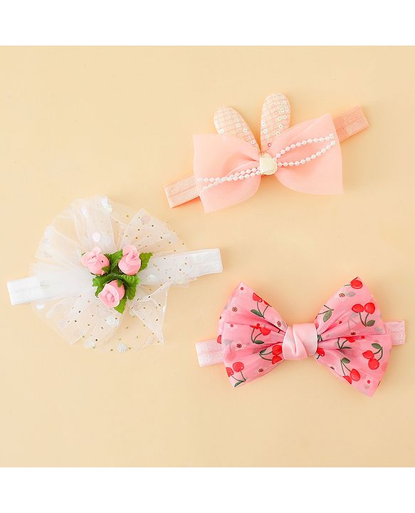 Babyhug Headbands with Bow & Floral Applique Pack of 3 - Pink White & Orange