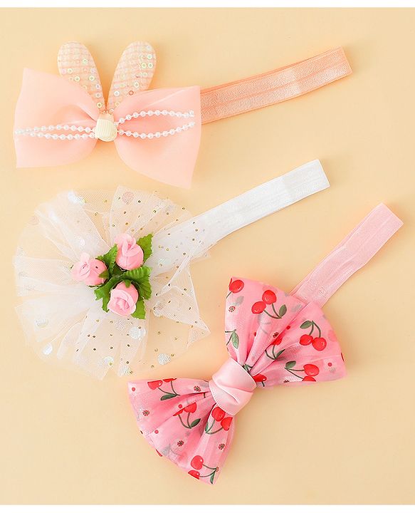 Babyhug Headbands with Bow & Floral Applique Pack of 3 - Pink White & Orange