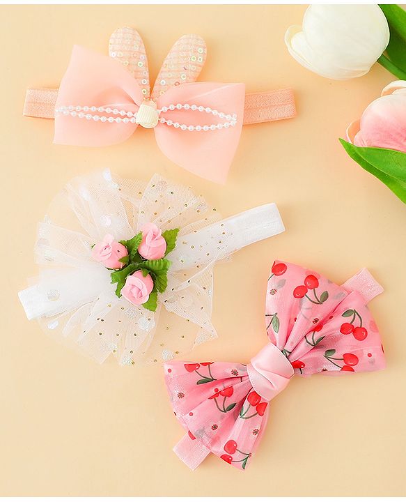 Babyhug Headbands with Bow & Floral Applique Pack of 3 - Pink White & Orange