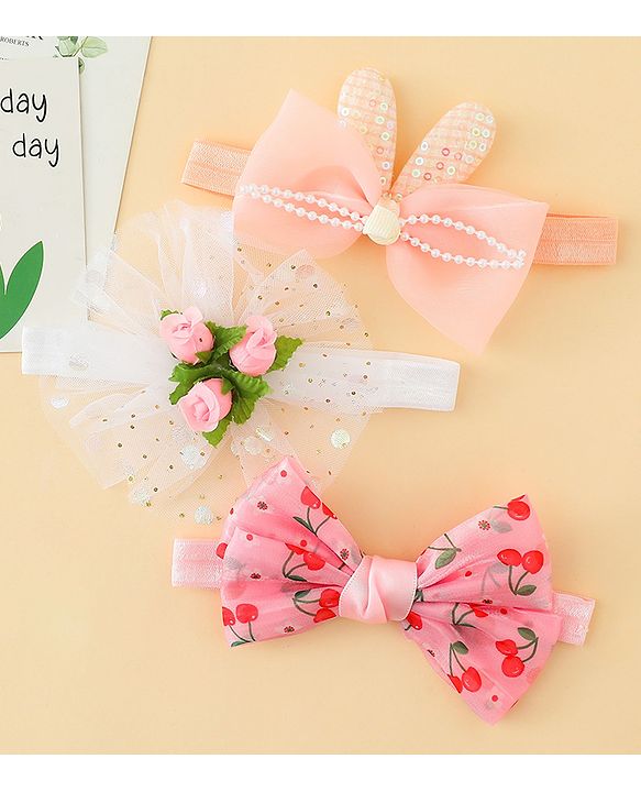 Babyhug Headbands with Bow & Floral Applique Pack of 3 - Pink White & Orange