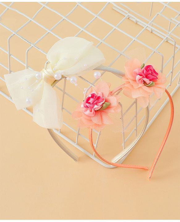 Babyhug Hair Bands with Bow & Floral Applique  Pack of 2 - White & Orange