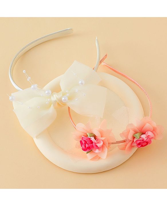 Babyhug Hair Bands with Bow & Floral Applique  Pack of 2 - White & Orange