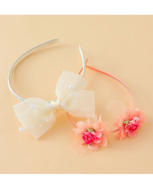 Babyhug Hair Bands with Bow & Floral Applique  Pack of 2 - White & Orange