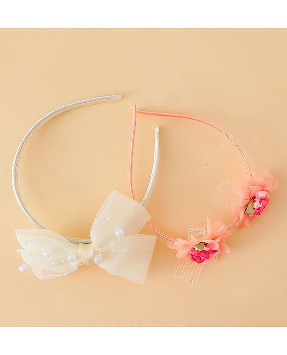 Babyhug Hair Bands with Bow & Floral Applique  Pack of 2 - White & Orange