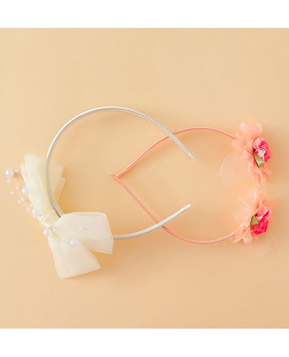 Babyhug Hair Bands with Bow & Floral Applique  Pack of 2 - White & Orange