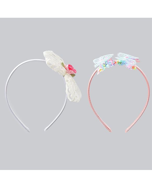 Babyhug Hair Bands withb Bow & Butterfly Applique Pack of 2 - white & Pink