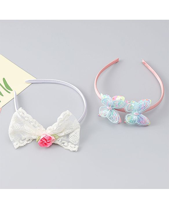 Babyhug Hair Bands withb Bow & Butterfly Applique Pack of 2 - white & Pink