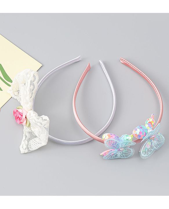 Babyhug Hair Bands withb Bow & Butterfly Applique Pack of 2 - white & Pink