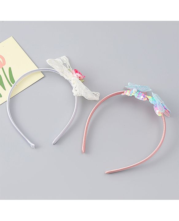 Babyhug Hair Bands withb Bow & Butterfly Applique Pack of 2 - white & Pink