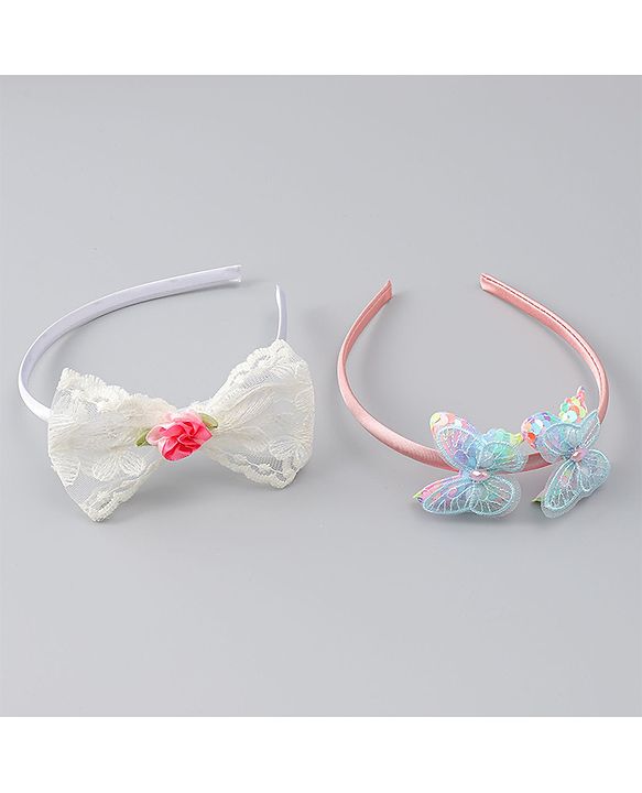 Babyhug Hair Bands withb Bow & Butterfly Applique Pack of 2 - white & Pink