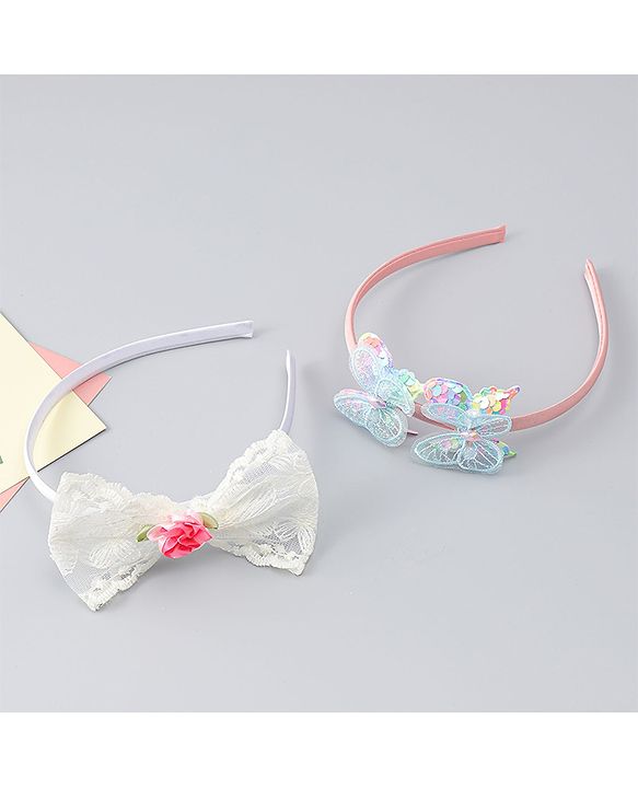 Babyhug Hair Bands withb Bow & Butterfly Applique Pack of 2 - white & Pink