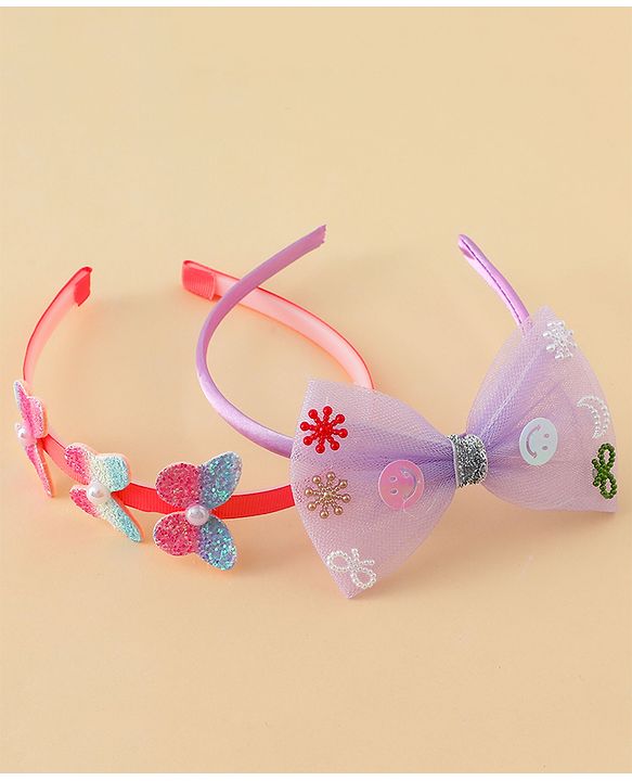 Babyhug Hair Bands with Bow & Butterfly Applique Pack of 2 - Purple & Red