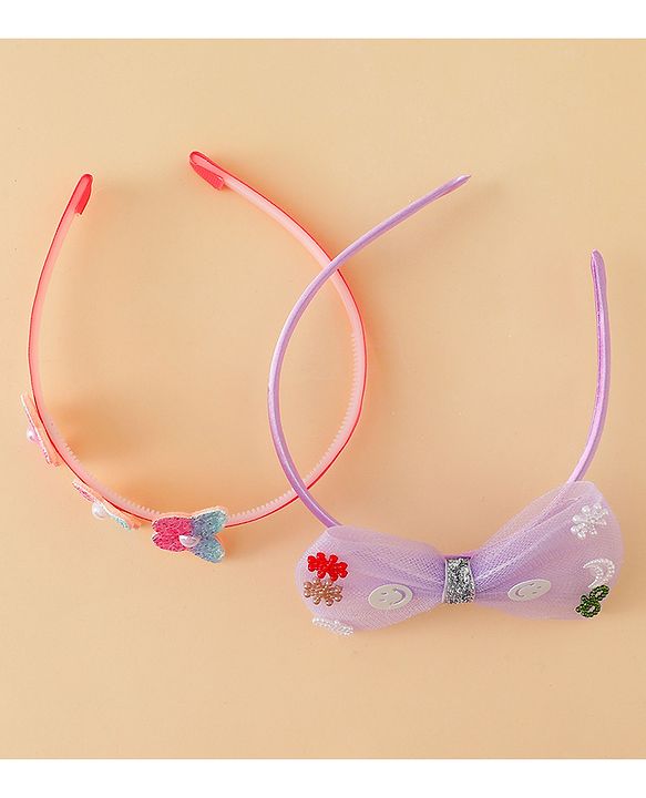 Babyhug Hair Bands with Bow & Butterfly Applique Pack of 2 - Purple & Red
