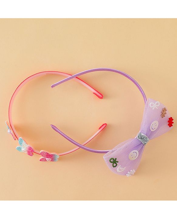 Babyhug Hair Bands with Bow & Butterfly Applique Pack of 2 - Purple & Red