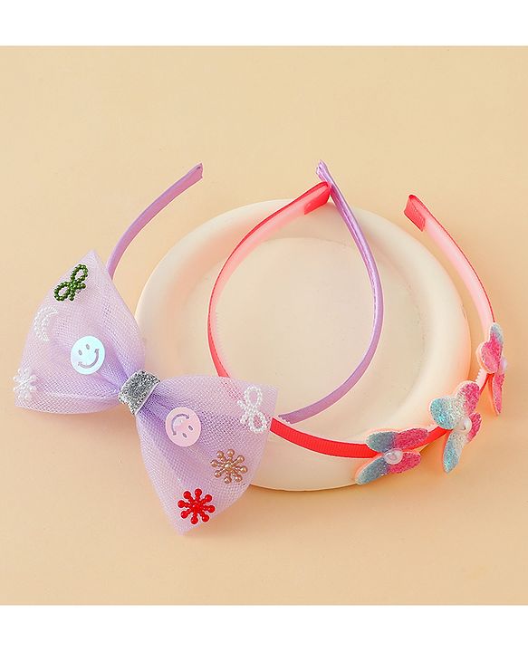 Babyhug Hair Bands with Bow & Butterfly Applique Pack of 2 - Purple & Red