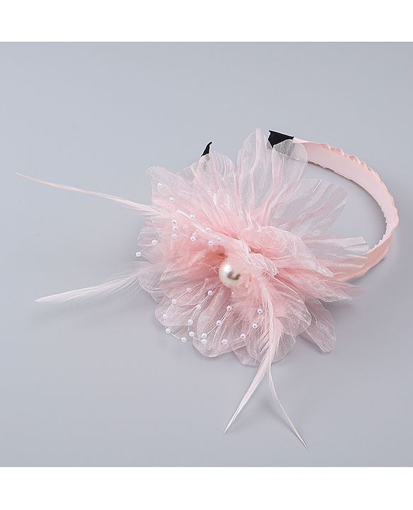 Babyhug Hair Bands With Floral & Pearl Applique - Peach