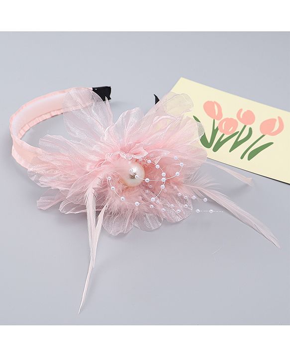 Babyhug Hair Bands With Floral & Pearl Applique - Peach