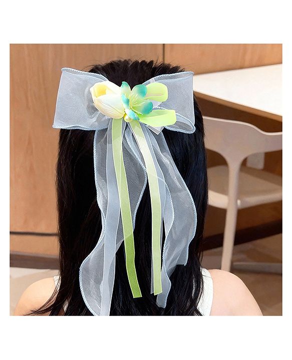 Pine Kids Bow & Butterfly Clip With Floral Applique  - Blue
