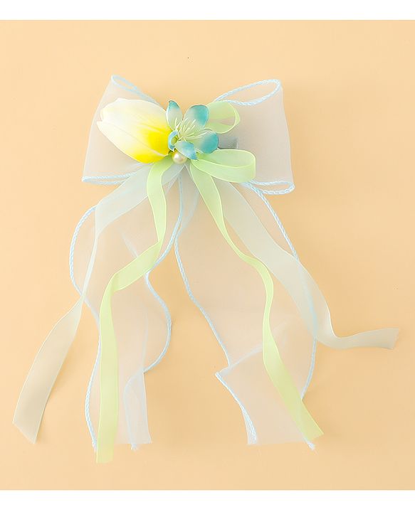Pine Kids Bow & Butterfly Clip With Floral Applique  - Blue