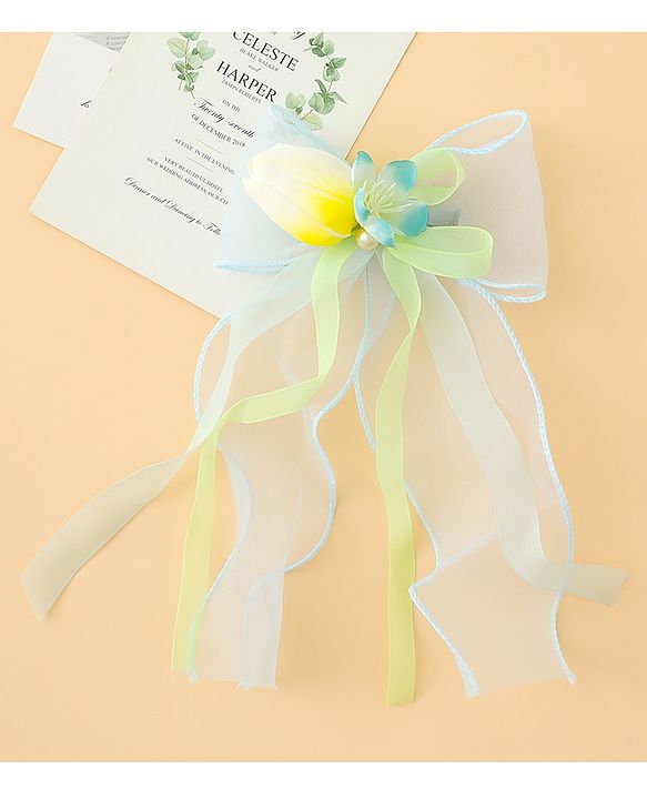 Pine Kids Bow & Butterfly Clip With Floral Applique  - Blue