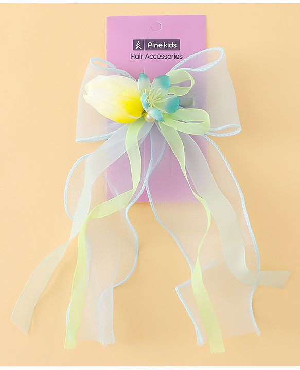 Pine Kids Bow & Butterfly Clip With Floral Applique  - Blue