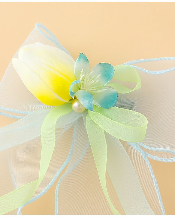Pine Kids Bow & Butterfly Clip With Floral Applique  - Blue