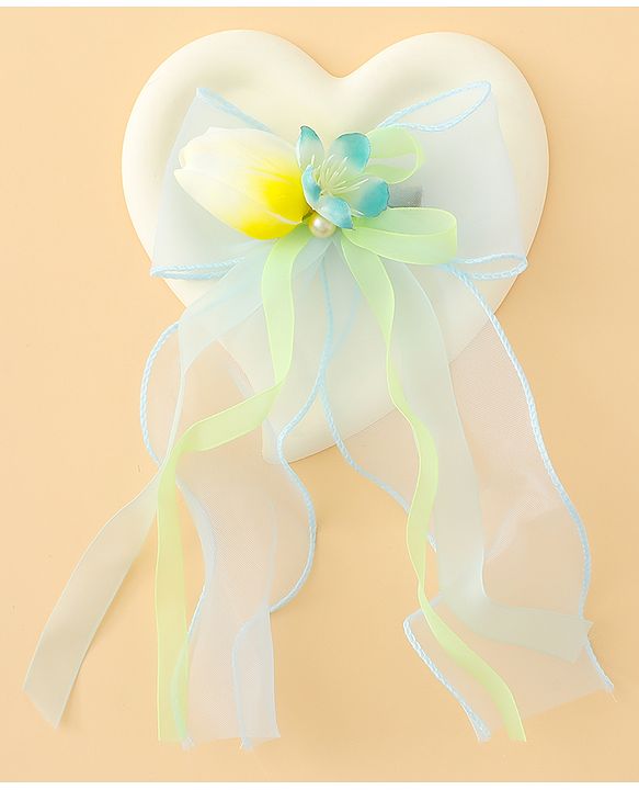 Pine Kids Bow & Butterfly Clip With Floral Applique  - Blue