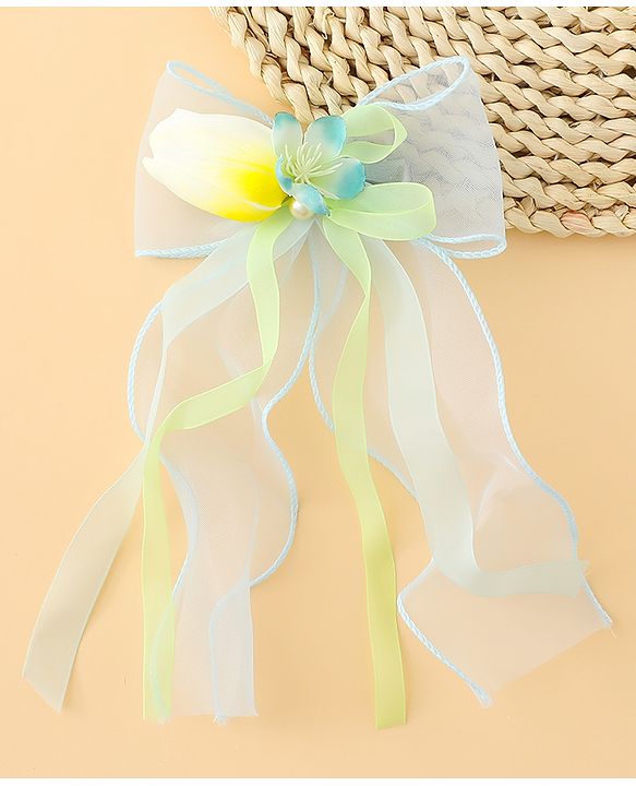 Pine Kids Bow & Butterfly Clip With Floral Applique  - Blue