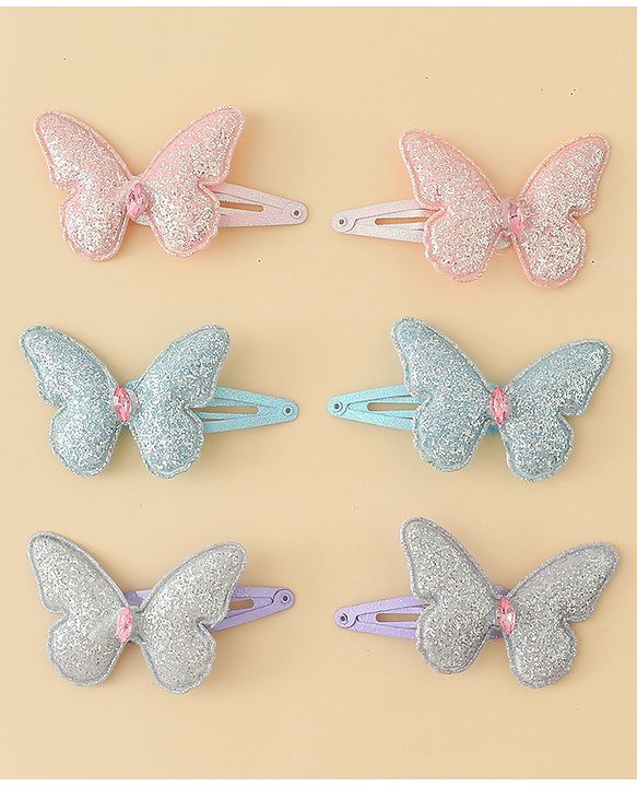 Pine Kids Free Size Snap Clips with Butterfly Applique Pack Of 6 - Light Blue Pink & Purple