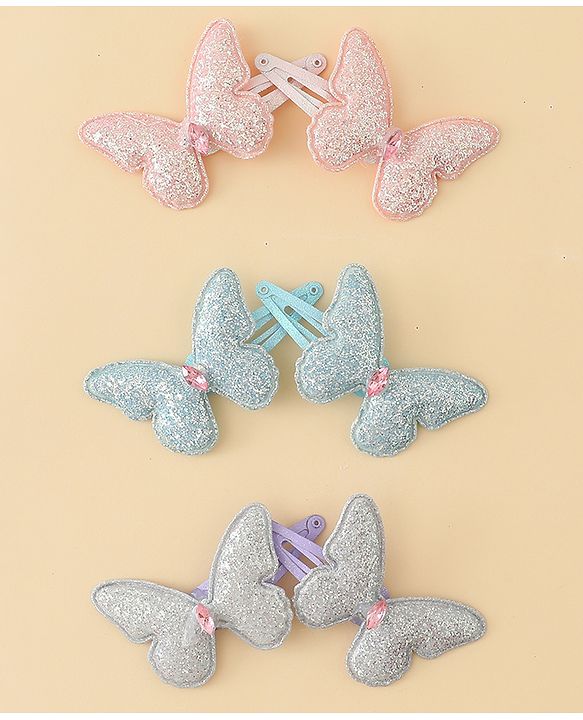 Pine Kids Free Size Snap Clips with Butterfly Applique Pack Of 6 - Light Blue Pink & Purple