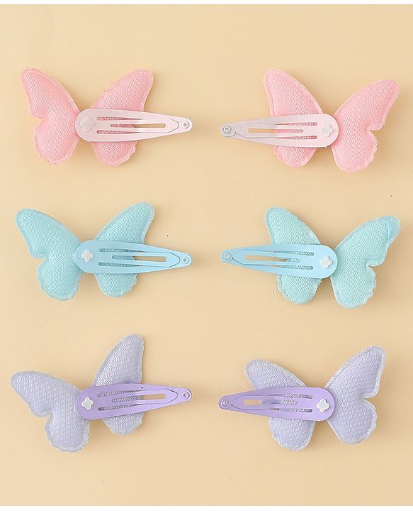 Pine Kids Free Size Snap Clips with Butterfly Applique Pack Of 6 - Light Blue Pink & Purple