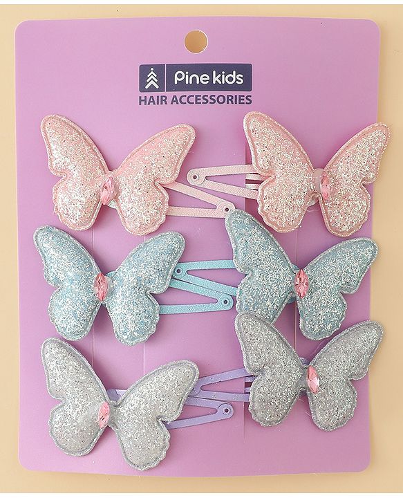Pine Kids Free Size Snap Clips with Butterfly Applique Pack Of 6 - Light Blue Pink & Purple