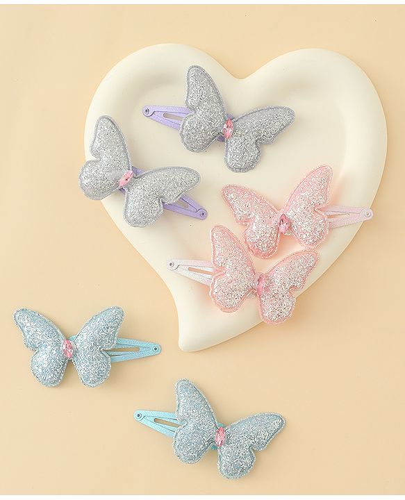 Pine Kids Free Size Snap Clips with Butterfly Applique Pack Of 6 - Light Blue Pink & Purple