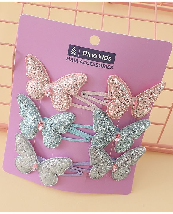Pine Kids Free Size Snap Clips with Butterfly Applique Pack Of 6 - Light Blue Pink & Purple