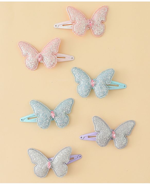 Pine Kids Free Size Snap Clips with Butterfly Applique Pack Of 6 - Light Blue Pink & Purple