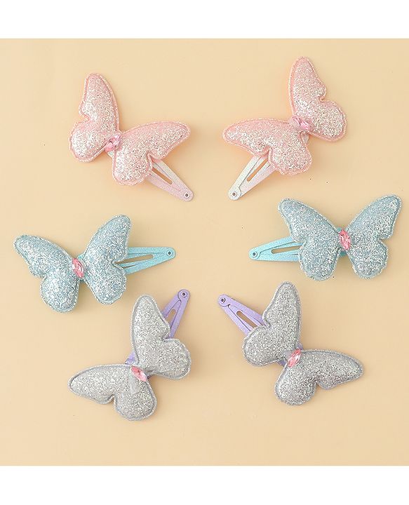 Pine Kids Free Size Snap Clips with Butterfly Applique Pack Of 6 - Light Blue Pink & Purple