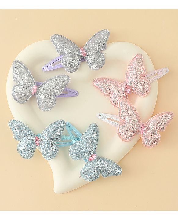 Pine Kids Free Size Snap Clips with Butterfly Applique Pack Of 6 - Light Blue Pink & Purple