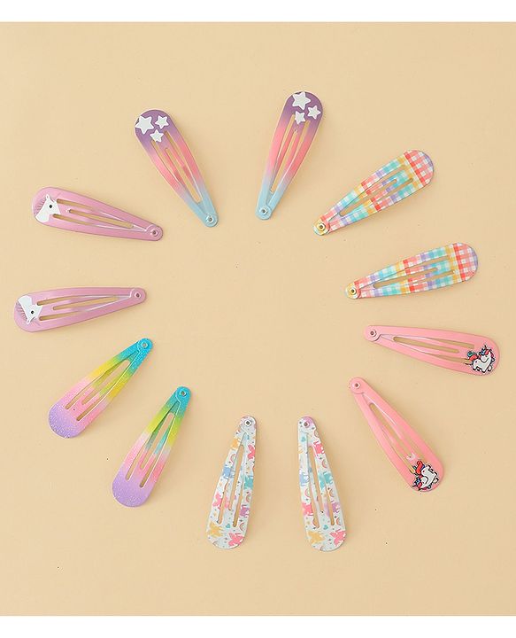 Babyhug Hair Clips with Unicorn Print Pack of  12 - Multicolor