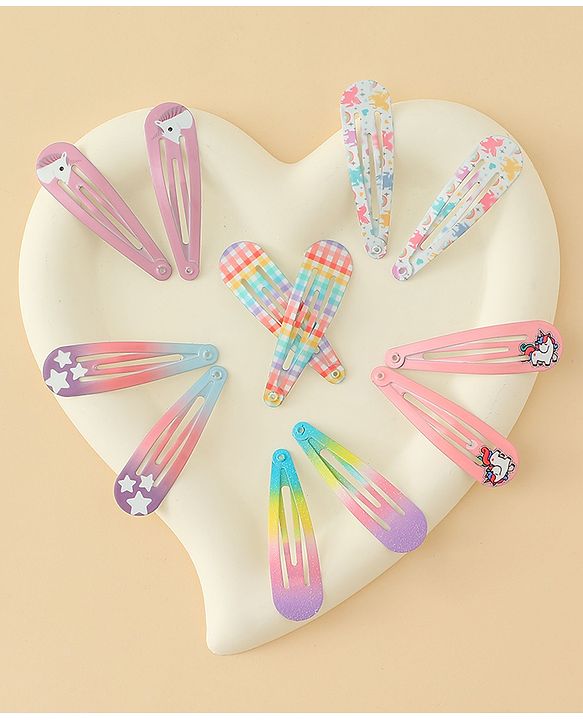 Babyhug Hair Clips with Unicorn Print Pack of  12 - Multicolor