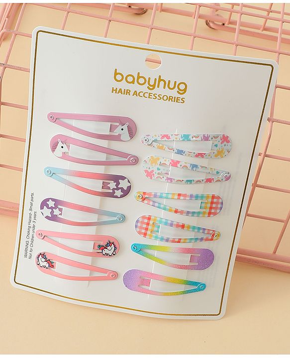 Babyhug Hair Clips with Unicorn Print Pack of  12 - Multicolor
