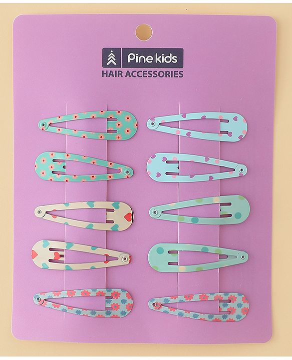 Pine Kids Hearts  & Floral  Printed Snap Clips Pack Of 10 - Light Blue Sea Green & Beige