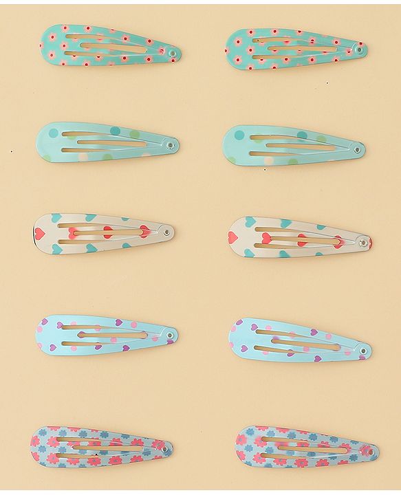 Pine Kids Hearts  & Floral  Printed Snap Clips Pack Of 10 - Light Blue Sea Green & Beige