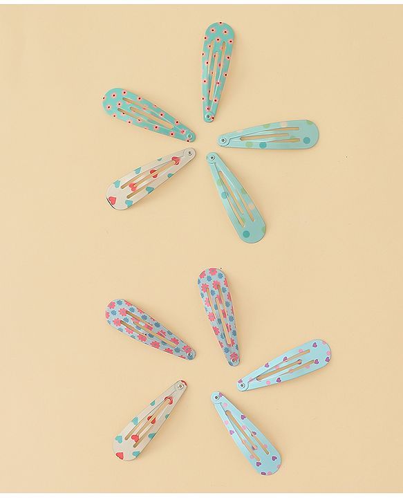 Pine Kids Hearts  & Floral  Printed Snap Clips Pack Of 10 - Light Blue Sea Green & Beige